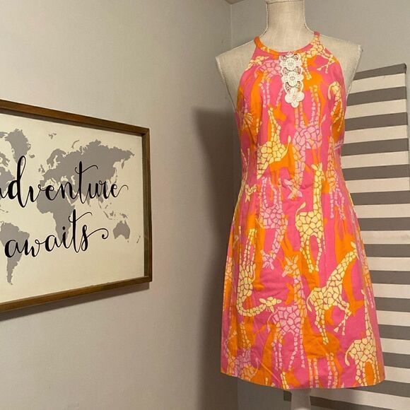 Lilly Pulitzer Pink & Orange Bella Giraffe Lace Inset Yoke Neck Mini Dress Sz 4 - Picture 1 of 9